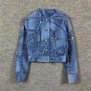 Vintage Blue Denim Short Collarless Button Front Patchwork Jean Jacket Women’s S